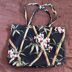 Kauai Rose large retro cloth bag w vintage bamboo flower print. Handmade 19”x15”